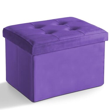 LINMAGCO Storage Ottoman Folding Foot Stool Velvet Foot Rest with Padded Modern Ottoman with Storage for Living Room Puppy Step Stool 17x13x13inPurple