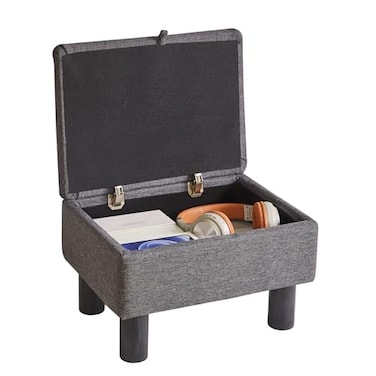 Aibiju Small Foot Stool Ottoman with Storage Linen Foot Rest with Wood Legs Safety Hinge Flip Top Bedside Step Stool Rectangle 16x12x95inch for Living Room Bedroom Dark Gray YDJD1363
