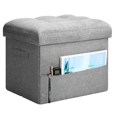 BelugaHelper Storage Ottoman Foot Rest Folding Linen Foot Stool with Thicker Foam Padded Seat Small Ottoman with Storage Bench for Bedroom Living Room Holds Up to 300 lbs 17x13x13IN Light Gray