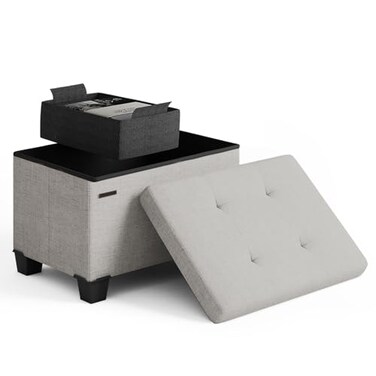 STORAGEBUD Storage Ottoman Cube with Small Bin 16in Square Ottoman with Storage for Living Room and Bedroom Small Ottomans Foot Rest Fabric Foot Stools Ottomans Max 330lbs Light Grey
