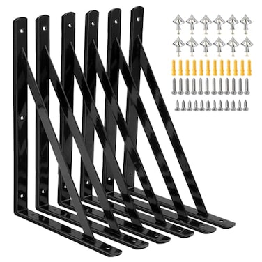 Joumoswk Heavy Duty Shelf Brackets 12 x 8 inch 6 Pack Wall Shelf Brackets with 90 Degree Triangle Black Metal L Brackets Shelves L Brackets300x190mm