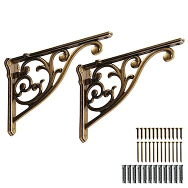khtumeware 2 Pack 8 Inch Shelf Brackets Antique Brass Shelf BracketsMetal Bracket for Shelves Ornate Heavy Duty Decorative wall Brackets for Shelves2 Antique Brass