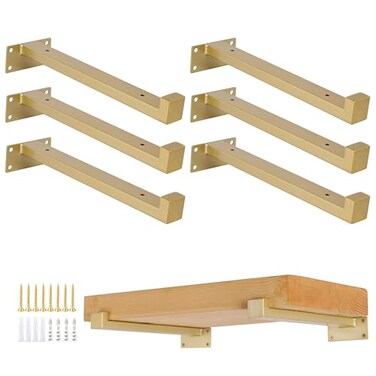 EZYDECOR 6Pcs Floating Shelves Brackets Heavy Duty Wooden Shelf Brackets 8inch Decorative Wall Shelf Brackets Supports with Lip Gold 8