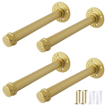 OVOV Gold Industrial Pipe Shelf Brackets Heavy Duty Pipe Floating Shelf Bracket Rustic Wall Mounted Shelving Support for Wood Board 10 Inch 4 Pack