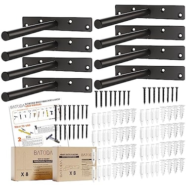 BATODA 6 Floating Shelf Bracket Heavy Duty 8 pcsSolid Steel Blind Shelf Supports Hidden Brackets for Floating Wood Shelves Blind Shelf Support Shelving Mounting Hardware Included Pack 8