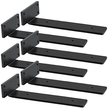 YMDparts Shelf Brackets Heavy Duty 5mm Thick Rustic Shelf Brackets for Custom Wood Shelves 12 Inch Solid Steel Black Shelf Brackets with Hardware Needed 6Pcs