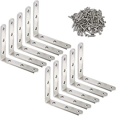 CAMMUITA 10 Pack L Bracket Corner Braces 4 Inch Stainless Steel Heavy Duty Shelf Bracket for Wood Shelves Wall Hanging Support 90 Degree Joint Right Angle Brackets with Screws