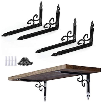 OVOV Shelf Brackets 4 Pcs Heavy Duty Decorative 8 Inch Black Right Angle Shelving Brackets Wall Mounted Shelf Supports for DIY Home Kitchen Living Room