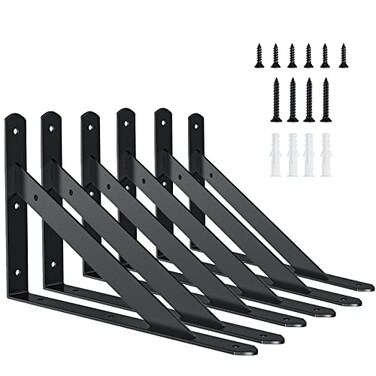 Kersally 10 Inch Shelf Brackets 6 Pack Heavy Duty L Brackets for Shelves 90 Degree Triangle Metal Supports for DIY Floating Shelf with Screws Black
