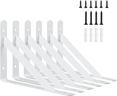 Kersally 12 Inch Shelf Brackets 6 Pack Heavy Duty L Brackets for Shelves 90 Degree Triangle Metal Supports for DIY Floating Shelf with Screws White