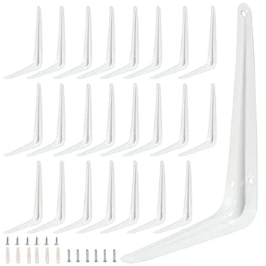 ZOENHOU 24 Pack 6 x 8 Inch White Shelf Brackets Heavy Duty L Bracket Support with 144 Screws and 72 Expansion Tubes Metal Wall Corner Angle Shelving Shelf Bracket for Wall Hanging Shelves