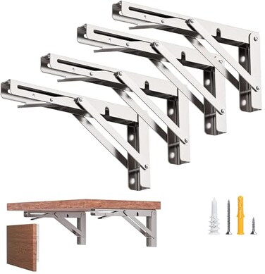 LuckIn 12Inch Foldable Brackets for DIY Folding Shelves or Tables L Shelf Brackets Collapsible Heavy Duty Stainless Steel Max Load 300lbs Silver 4 Pcs