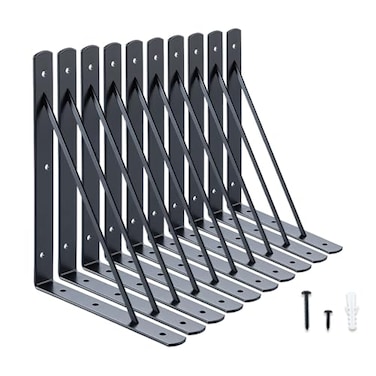 HOME MASTER HARDWARE 10 x 8 in Shelf Brackets 90 Degree Triangle Wall Mount Angle L Bracket for Floating Shelves Metal Support w Screws 10 Pack Black