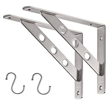 YUMORE Stainless Steel Shelf Bracket 10 Heavy Duty Solid Shelf Support Corner Brace Joint Right Angle Bracket L Bracket with 2 S Hook 2 Pack