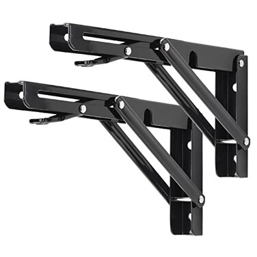 YUMORE Folding Shelf Brackets 10 Inch Heavy Duty Collapsible Shelf Bracket Black DIY L Bracket for Workbench Folding Table Hinge Max Load 330lb 2 Pack