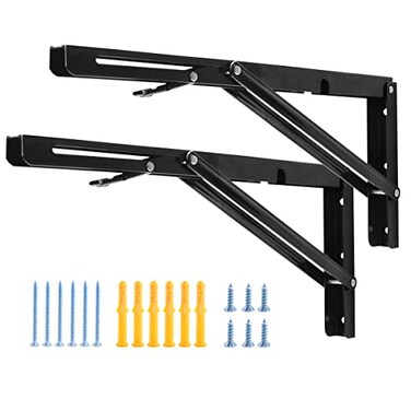 YUMORE 16 Inch Folding Shelf Brackets Heavy Duty Collapsible Shelf Bracket Black DIY L Bracket for Workbench Folding Table Hinge Max Load 330lb Pack of 2