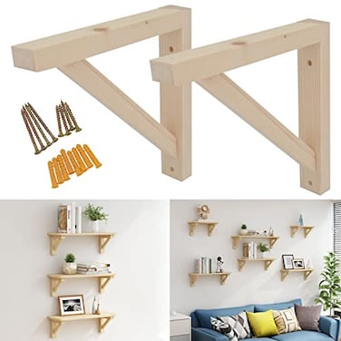 OVOV 2 Pack Wall Mount Wood Shelf Bracket Triangle Wooden Shelf Brackets for Plank Sconce Plug in Pendant Lamp Decorative DIY Wooden Bracket Include Mounting Screws 10 Inch