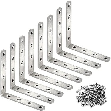 Eitonbu 8 Pcs Stainless Steel L Bracket 5 x 5 inch Heavy Duty Solid Shelf Support Corner Brace Metal Joint Right Angle Brace for Wood Shelves Silver Corner Mount
