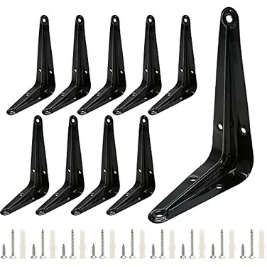 Uenhoy 10 Pack Black Shelf Brackets 4 x 3 inch Metal Floating Shelf Brackets Heavy Duty Wall Mount L Brackets Corner Braces for Wood Boards