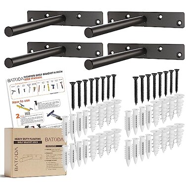 BATODA 6 Floating Shelf Bracket Heavy Duty 4 pcs Solid Steel Blind Shelf Supports Hidden Brackets for Floating Wood Shelves Blind Shelf Support Shelving Mounting Hardware Included Pack 4
