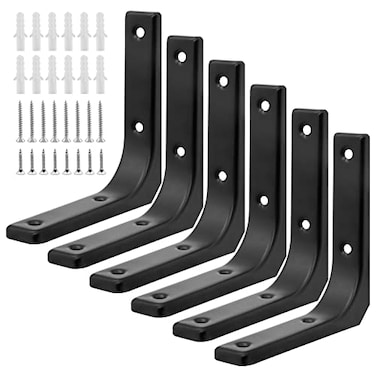 HARSKIYER 6pcs Black Metal Shelf Support Angle L Brackets 4 x 4 Inch Wall Mounted Floating Shelf Brackets Heavy Duty L Shape Corner Brace Shelf Support for Shelves with Mounting Accessories