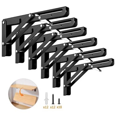 Yarssihha 8 Inch Folding Shelf Bracket 6 Pack Heavy Duty Wall Mounted Foldable Brackets SpaceSaving Metal Collapsible Shelf Brackets Max Load180lbs