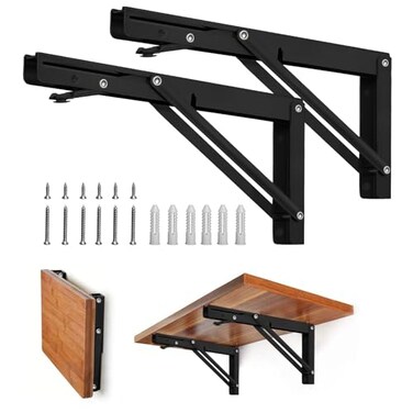 Storystore Folding Shelf Brackets 8 Inch Heavy Duty Metal Collapsible Shelf Bracket for Bench Table Shelf Hinge Wall Mounted Space Saving DIY Bracket Max Load 150 lb 2 PCS Black