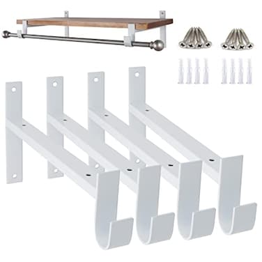 AddGrace Closet Rod Bracket Heavy Duty Shelf Brackets 10 Inch White Wall Mounted Closet Rod Support with Pole Holder Industrial Iron Shelving Supports with Hook 4 Pack