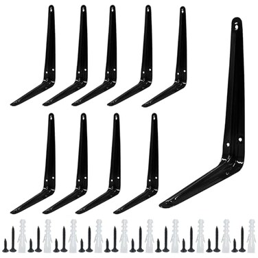 Zorfeter 10 Pcs Shelf Brackets 8 x 6 Inch Black Shelving Brackets Heavy Duty L Bracket Support Floating Shelf Bracket for Shelves Wall Mount Corner Brace for Wood Boards
