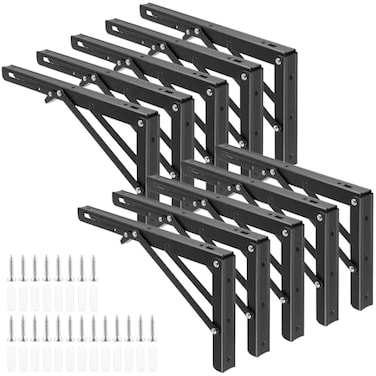SHEUTSAN 10PCS 12 Inches Folding Shelf Brackets Black Foldable Shelving Brackets Wall Mounted for Living Room Kitchen