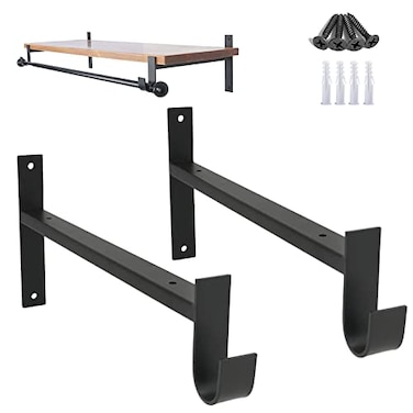 AddGrace Closet Rod Bracket Heavy Duty Shelf Brackets 13 Inch Black Wall Mounted Closet Rod Support with Pole Holder Industrial Iron Shelving Supports with Hook 2 Pack