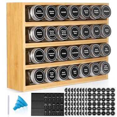 FIKWO Bamboo Spice Rack Organizer With 28 Spice Jars 780 Labels 4 Tier Wood Hanging Shelf Chalk Marker and Funnel Set for Drawer Cabinet Kitchen Countertop Wall Mount Empty 4 oz Glass Jar Shaker Lids