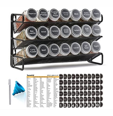 SpaceAid Spice Rack Organizer with 21 Spice Jars 386 Spice Labels Chalk Marker and Funnel Set for Cabinet Countertop Pantry Cupboard or Door Wall Mount 21 Jars 134 W 9 H Black