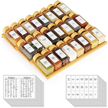 SpaceAid Bamboo Spice Drawer Organizer with 24 Spice Jars 378 White Minimalist Spice Labels 3 Tier Seasoning Rack Tray Insert for Kitchen Drawers 15 Wide x 15 Deep x 26 Tall