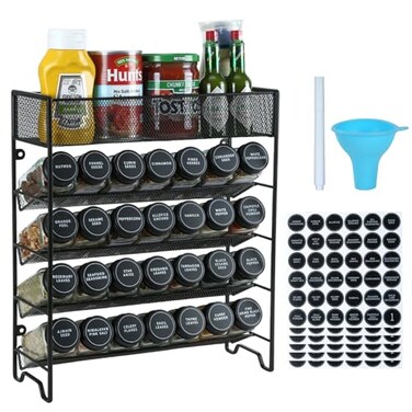 Skiileor Spice Rack Organizer with 28 Spice Jars Black LidsSpice Labels Chalk pen and Funnel Set for Cabinet Countertop Pantry Cupboard or Wall Mount