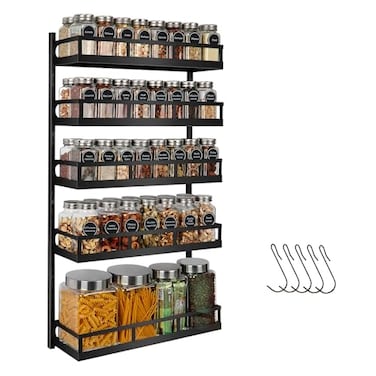 X-cosrack Xcosrack Wall Mount Spice Rack Organizer 5 Tier HeightAdjustable Hanging Spice Shelf Storage for Kitchen Pantry Cabinet DualUse Seasoning Holder Rack with Hooks BlackPatented