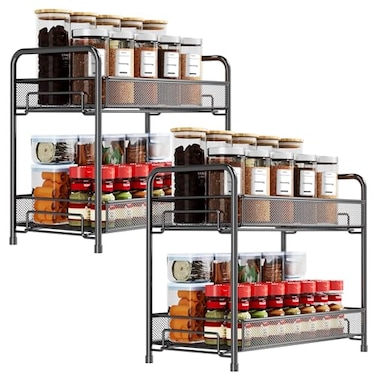 Xpatee Spice Rack Organizer for Countertop 2 Pack 2Tier Counter Foldable Metal Standing Large Seasoning Storage Shelf for Kitchen Cabinet Bathroom Living Room Pantry Office Black