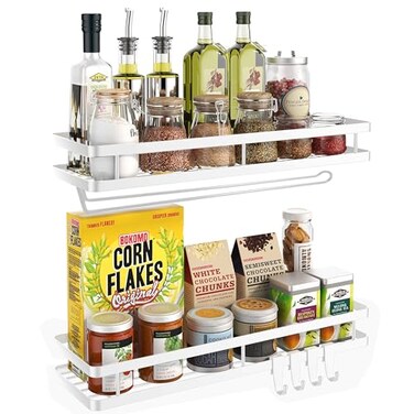Couwilson Spice Rack Organizer Wall Mount 157in 2Pack Upgraded Version Hanging Seasoning Organizer Shelf with Paper Towel Holder Storage for Cabinet or Wall Mounted with 4 Strong Hooks Rice white