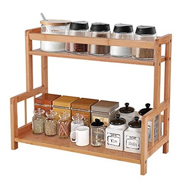 Ufine 2 Tier Bamboo Spice Rack Organizer Kitchen Countertop Storage Shelf Free Standing Holder Under Cabinet Bathroom for Various Bottles Jars Space Saving