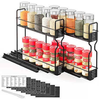 SpaceAid Pull Out Spice Rack Organizer for Cabinet Heavy Duty Slide Out Seasoning Kitchen Organizer Cabinet Organizer with Labels 52 W x1075 D x10 H 2 Drawers 2Tier