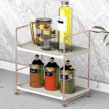 kaileyouxiangongsi PlasticMetal Freestanding Stackable Organizer ShelfBathroom Countertop Storage Shelf Cosmetic Organizer Holder Kitchen Spice Rack2Tier Standing Rack Rose Gold