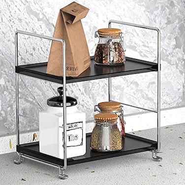 kaileyouxiangongsi PlasticMetal Freestanding Stackable Organizer ShelfBathroom Countertop Storage Shelf Cosmetic Organizer Holder Kitchen Spice Rack2Tier Standing Rack Silver Black
