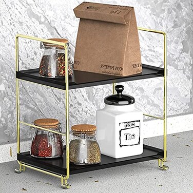 kaileyouxiangongsi 2Tier Kitchen Spice Rack Freestanding Stackable Organizer Shelf Bathroom Cosmetic Organizer Square Standing Rack GoldenBlack