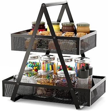 EKNITEY Tiered Snack Organizer Countertop Metal Kitchen Counter Organizer Small Coffee Station Organize for Home Picnic Office Black