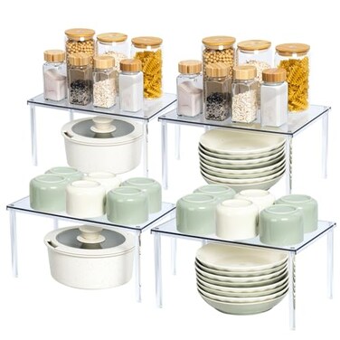 Bobomoment Acrylic Cabinet Organizer Set of 4 Spice Rack Organizer for Cabinet Desk Countertop Shelf Organizer Pantry Kitchen Storage and Organization Stackable Shelves House Essentials for Gift