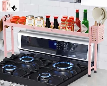 Horynar Over Stove Shelf Stove Top Organizer Shelf for Kitchen with Extra Basket and Hooks Adjustable 27 to 32 Inches Pink Over the Sink Spice Rack for Countertop Pink