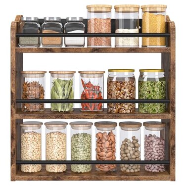 BCOZLUX Spice Rack Wall Mounted Wood 3 Tier Spice Rack for Countertop Vertical Spice Organizer for Spice Jars and Seasonings Hanging Spice Shelf for Kitchen Cabinet or Pantry Rustic Brown