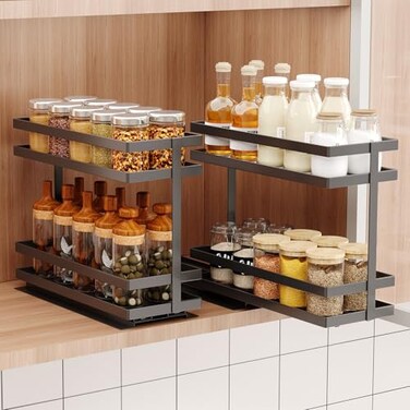 Mustorn 2 Pack Pull Out Spice Rack Organizer for Cabinet 2 Tier Metal Slide Out Seasoning Organizer and Storage Heavy Duty Vertical Spice Rack Shelf Pullout for Kitchen Cabinets No Drilling Black