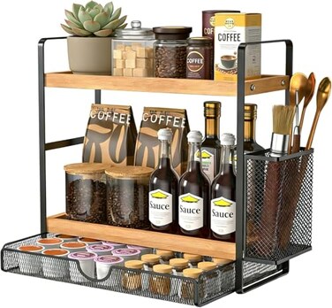 Harnidipa 2 Tier Spice Rack Organizer for Countertop with Drawer and Basket Suitable for Coffee Organizer Kitchen Counter Storage Bathroom Storage
