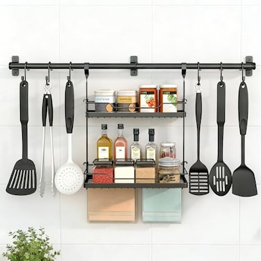 NADAMOO Spice Rack Wall Mount 2Tier Storage Shelf with Towel Bar Utensil Hanger with Hooks for Kitchen Bathroom Pantry Laundry Matte Black Heavy Duty Metal Organizer